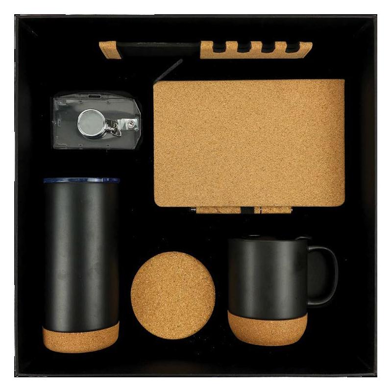 Black Cardboard Gift Box With Cork Notebook, Cork Pen, Cork Tumbler & Cup